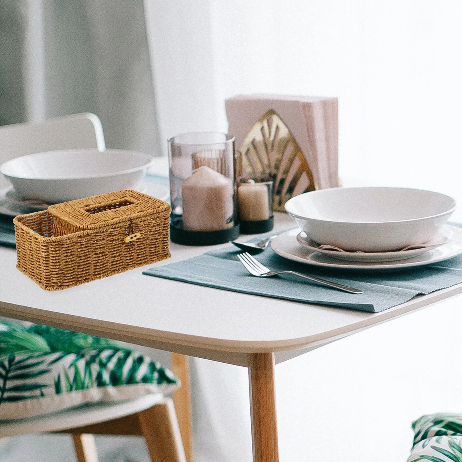 

Imitation Rattan Tissue Box Lightweight Small Desktop Storage Holder Napkin Container For Home Office Tissue Dispenser
