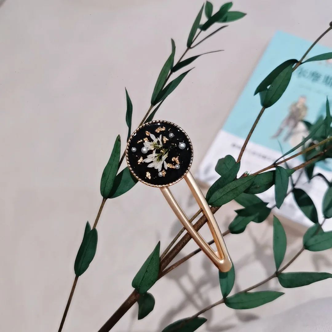3171 Wholesale 1/5/10pcs Handmade Vintage Dried Flower Resin Series Hair Clips Gold Foil Decoration Atmosphere Hair Accessories