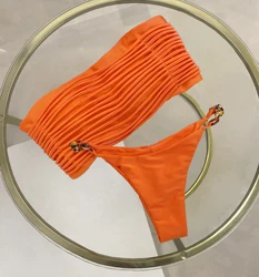 2025 New Sexy Orange Bikini Set with Pleated Design and Gold Rings - Adjustable Straps, Perfect for Beach Wear and Pool Parties