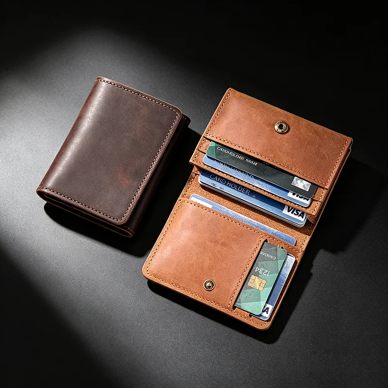 Mens Crazy Horse Cowhide Zip Around Card Holder Multi-Slot Portable Credit Card Coin Wallet