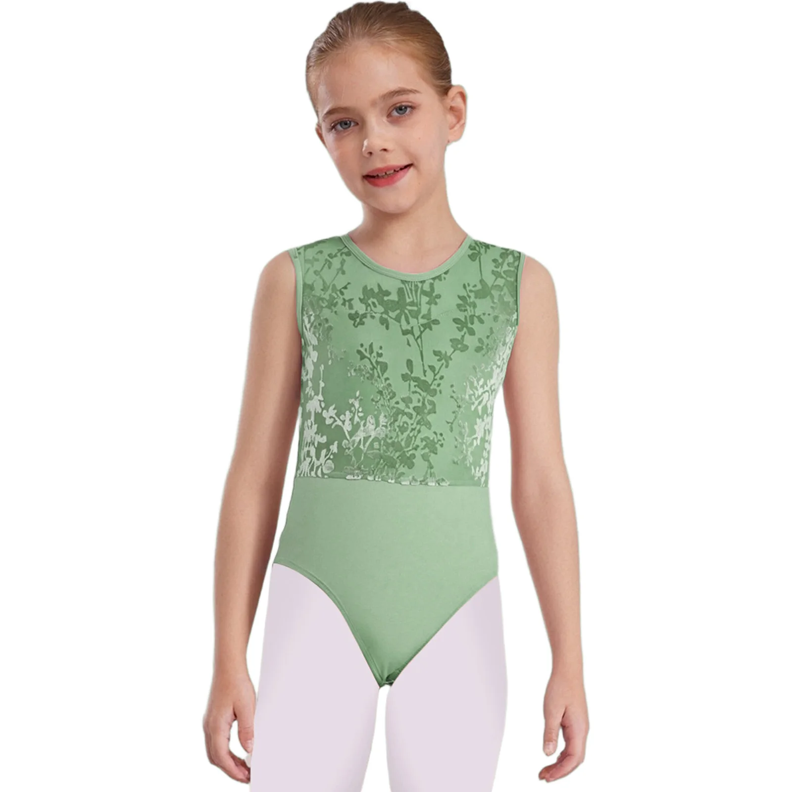 Kids Girls Ballet Practice Performance Dance Leotards Lyrical Sleeveless Velvet Printed Mesh Ballet Gymnastics Dance Leotard