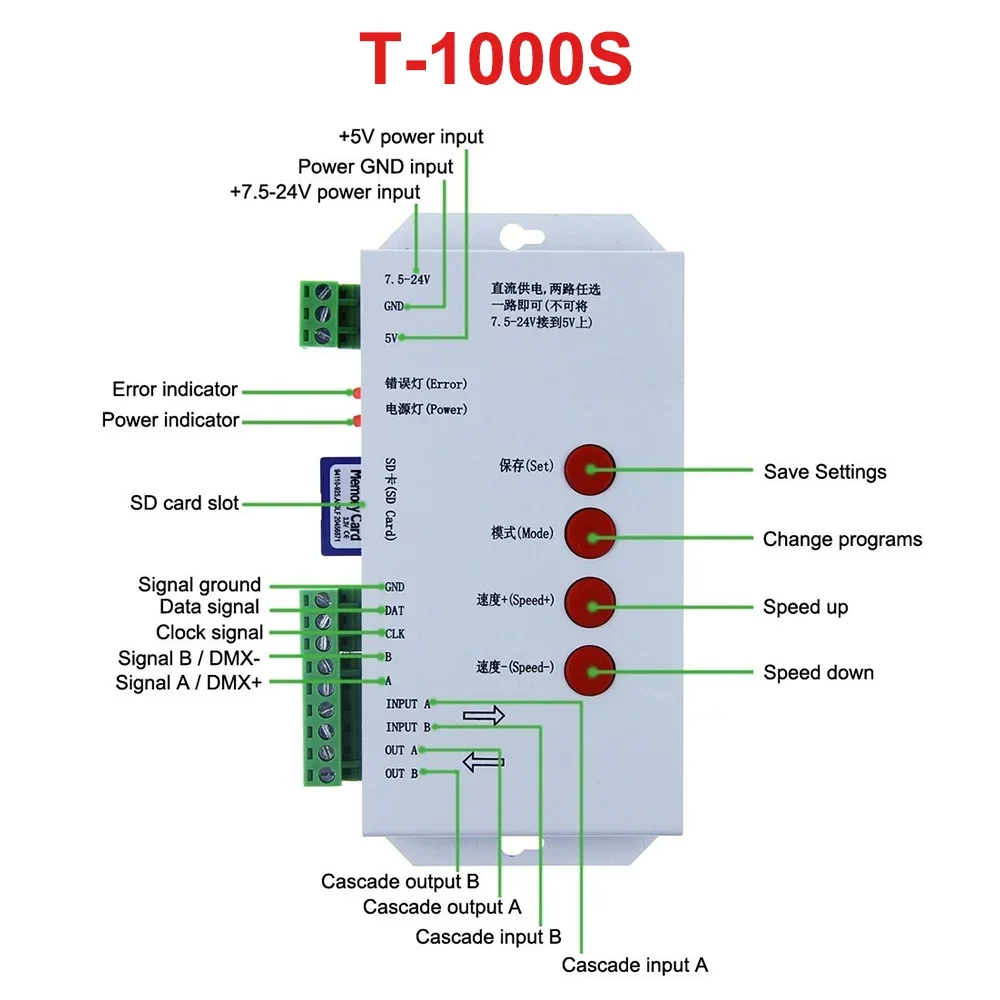 K-1000C (T-1000S Updated) Pixel Controller LED 2048 Pixels Program Controller DC5-24V For WS2812B WS2811 APA102 T1000S WS2813