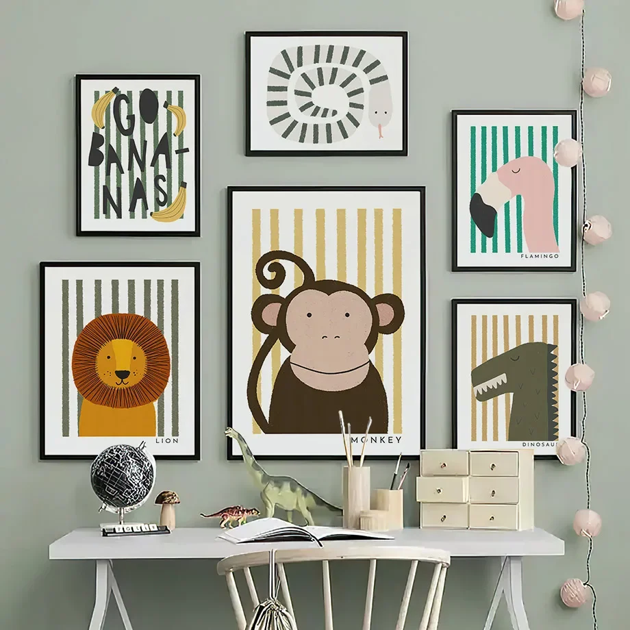 Monkey Lion Dinosaur Flamingo Fox Giraffe Cherry Banana Animals Posters Wall Art Prints Canvas Painting Pictures Kids Room Decor