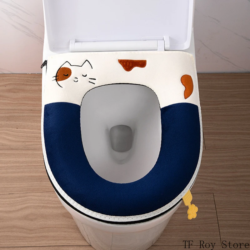 Weicher Cartoon Katzen stickerei Toiletten sitz bezug mit Reiß verschluss wärmer wasch bar Toiletten matten bezug Kissen Bad zubehör