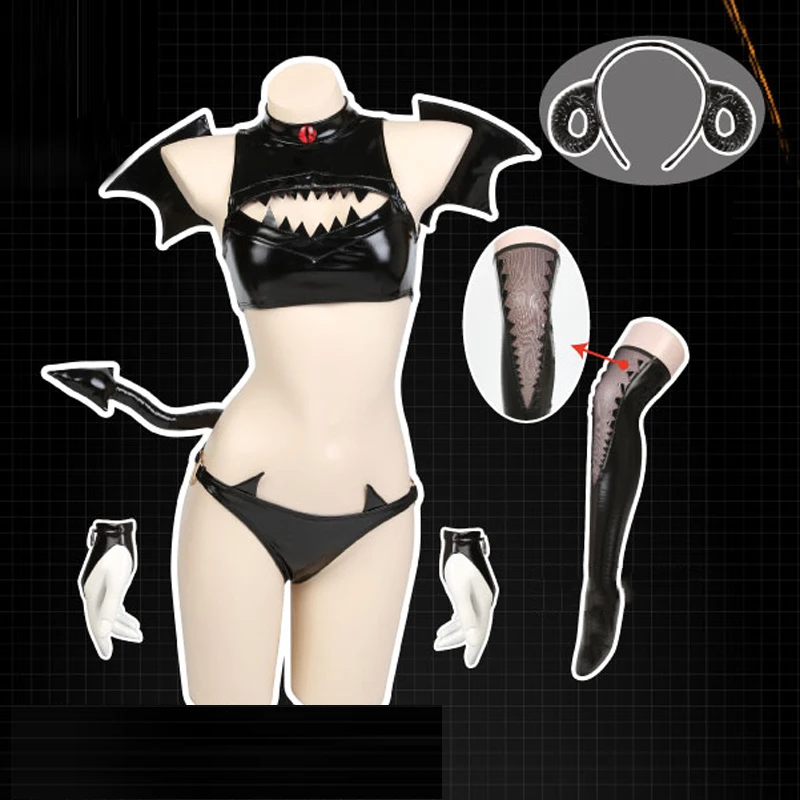 

Devouring Demon Succubus Cosplay Costume Meimo Black Little devil Anime outfits Patent leather sexy lingerie set Secret Clothes