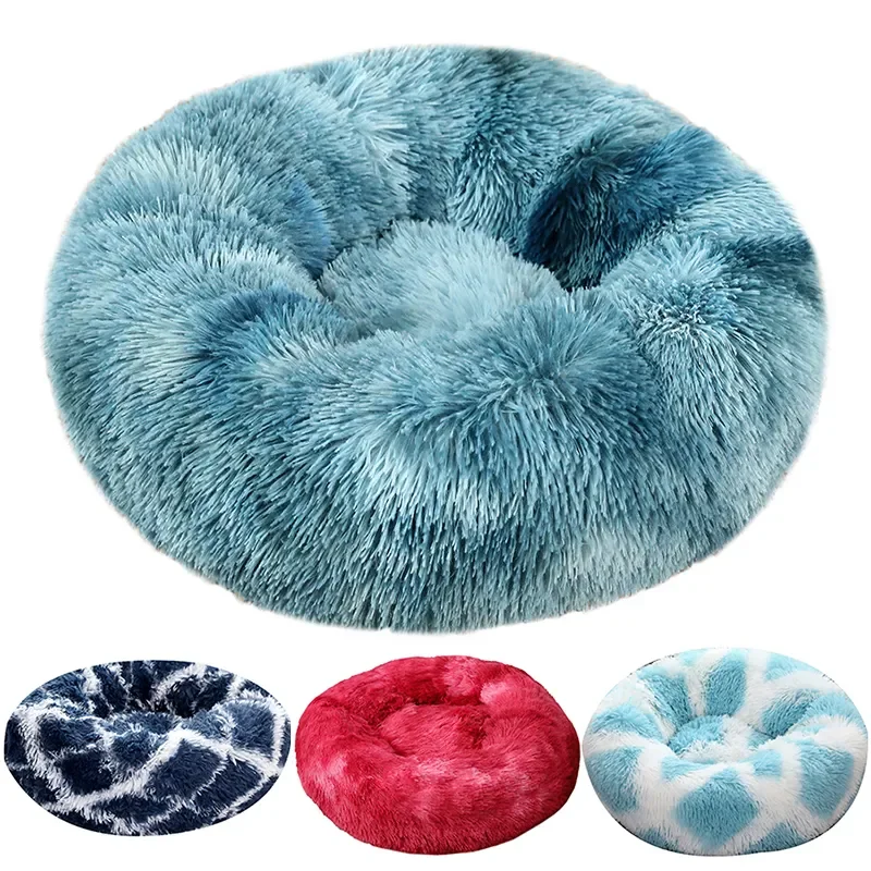 Super Soft Kennel Dog Bed Long Plush Cat Mat Tie-dye Pet Dog Bed Sleeping Sofa Round Cushion Doghouse for Small Medium Large Dog