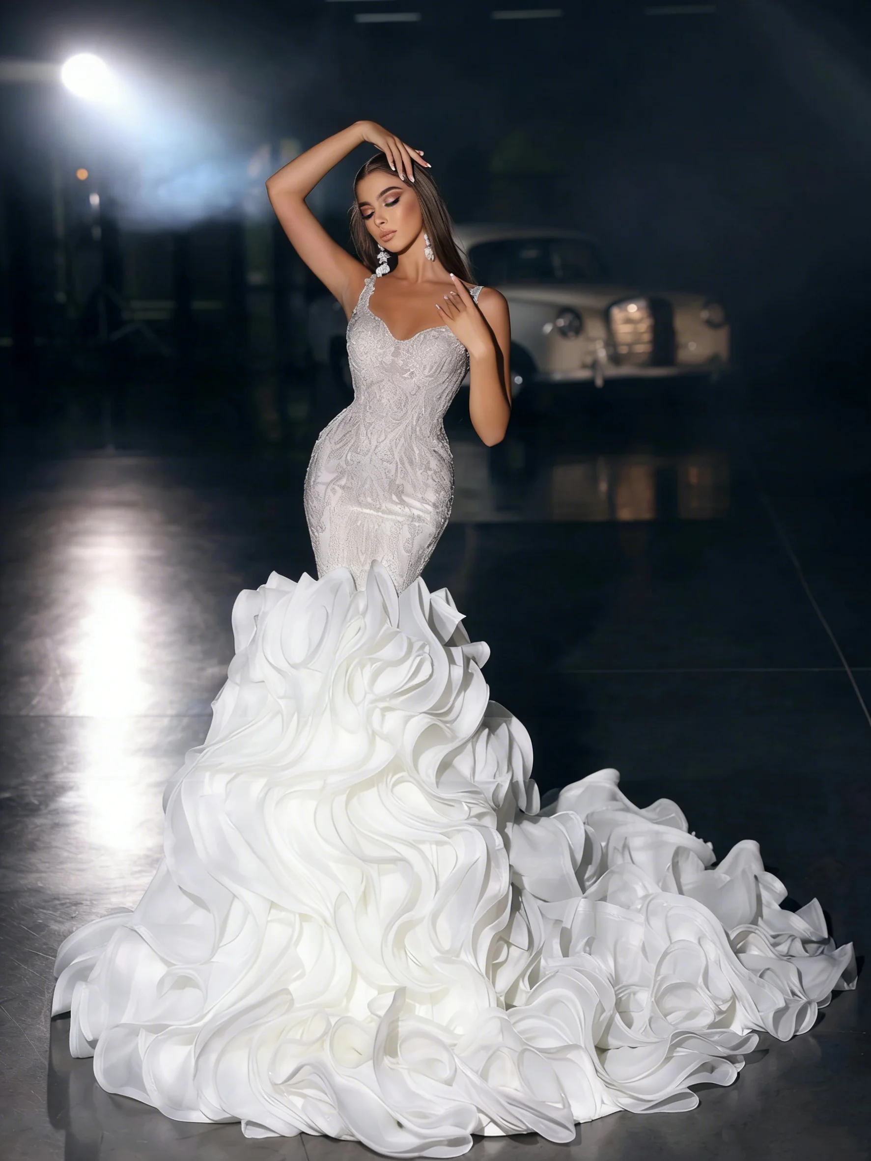 Customized Layered Pleat Bridal Ball Dress Pearl Lace Mermaid Wedding Dress Luxury Spaghetti Sleeveless Strap Bridal Dress