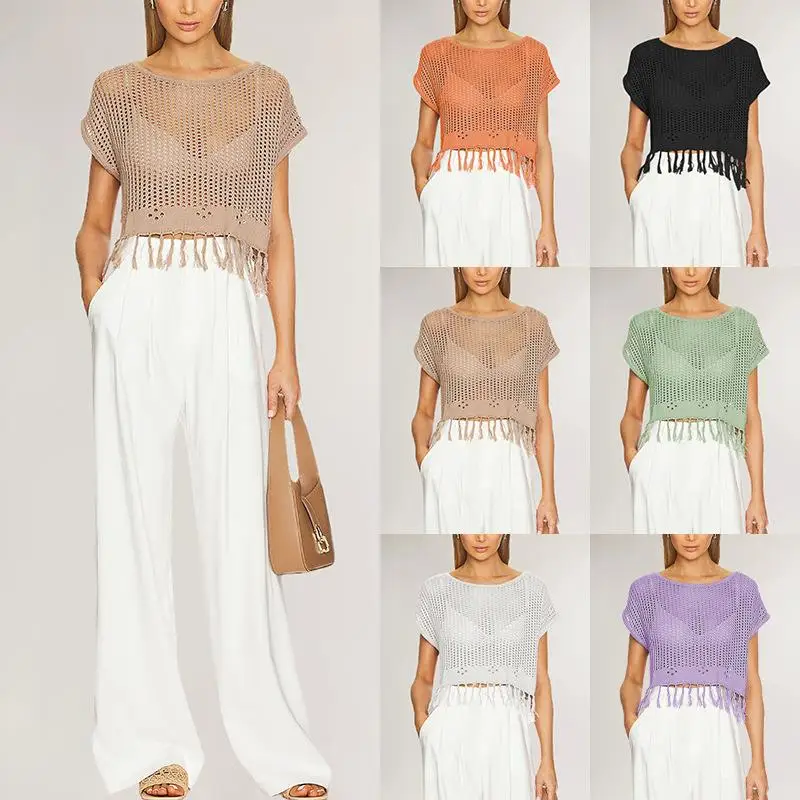 

Summer 2025 New Pure Color Fringed Beach Knitted round Ne Top Women's Svel ort Length Thin Model Polyester Fiber