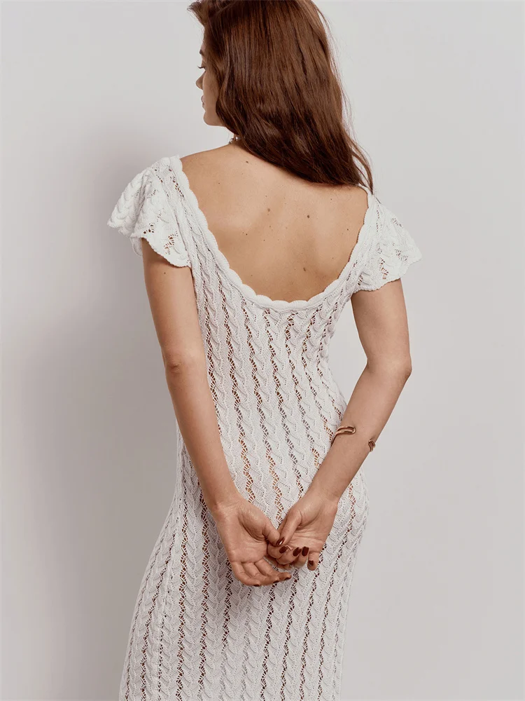 Tossy Ruffled Hollow Out Knit Long Dress Women V-Neck Fashion Patchwork See-Through Beach Holiday Dress Knitwear Female Dress view 5