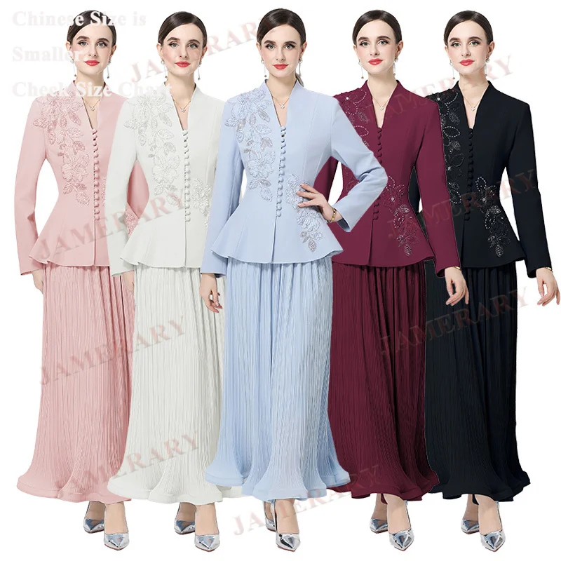 

Elegant Brand Spring Autumn Two Piece Sets Women Rhinestone Jacket Coat Bead Pleated Maxi Skirt Suits 2pcs Outfit 3D Flower