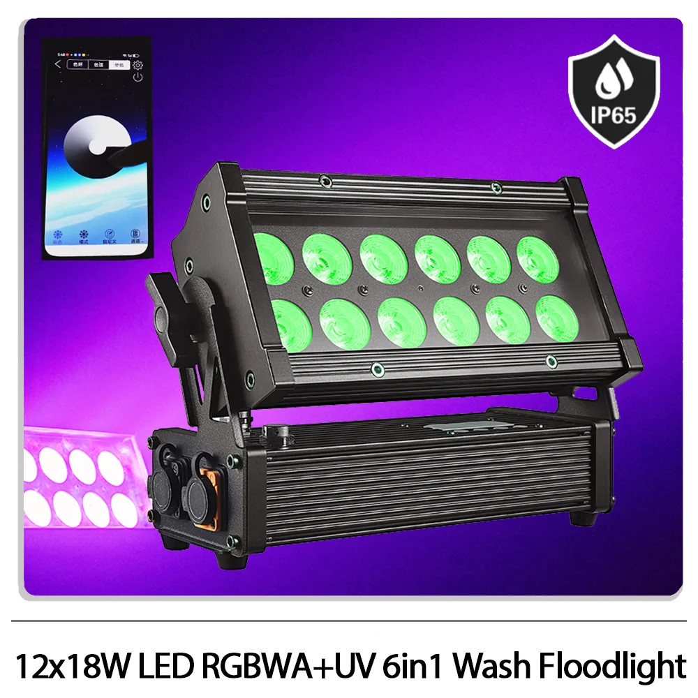 

Водонепроницаемый Par Light 12x18W LED RGBWA UV 6in1 Wash Прожектор с питанием от батареи Беспроводное приложение DMX512 Управление для DJ Disco Party Bar