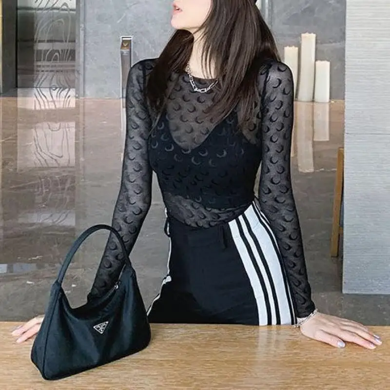 

Mesh T-Shirt Women Long Sleeve Sun Protection Summer Sexy Hollow Out Top Solid Color Slim Fit Streetwear