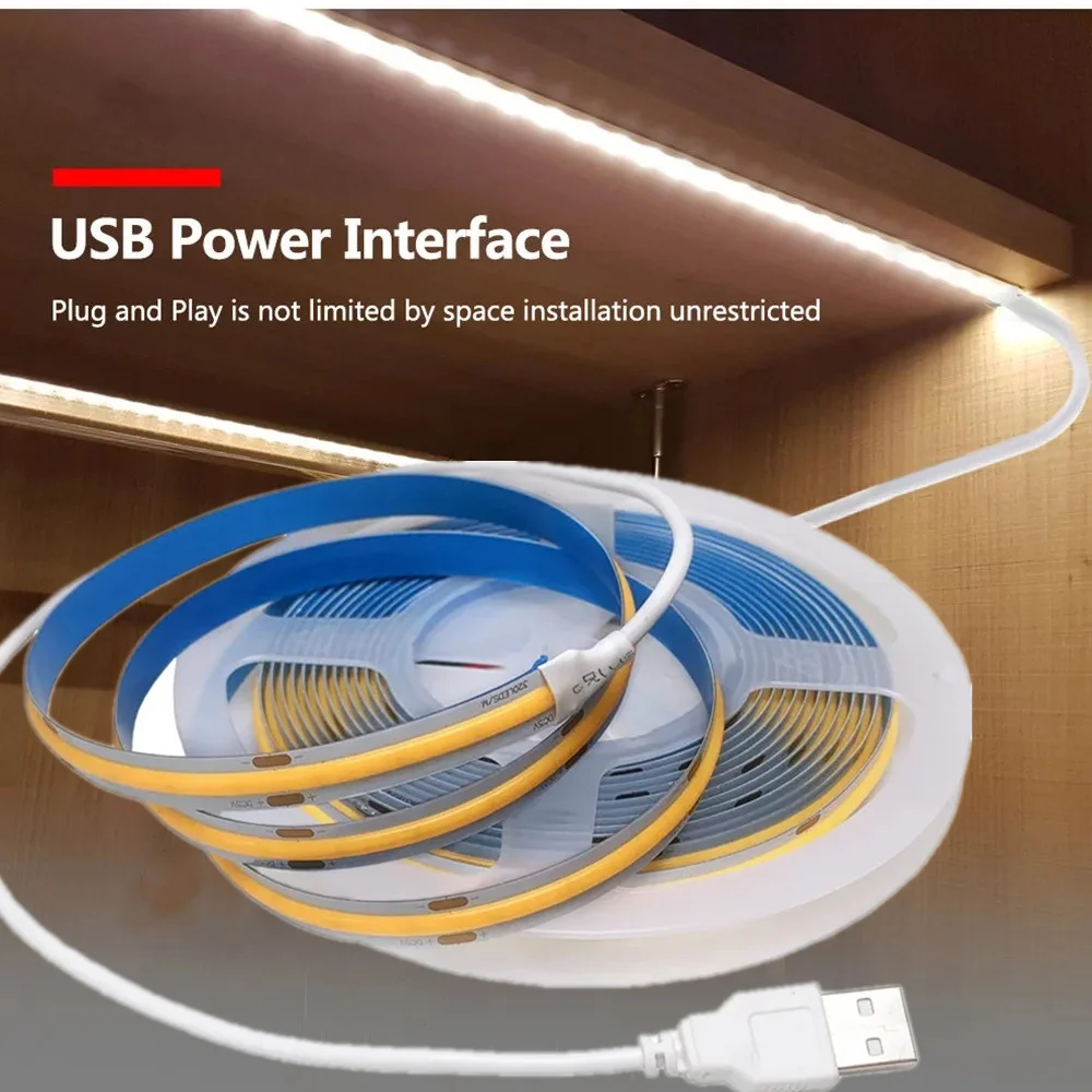 

5 В USB ВКЛ/ВЫКЛ/сенсорный диммер COB Strip 320Leds Белый 3000K 4000K 6000K Домашний декор Лампа для шкафа Гибкая лента Веревка Светодиодный светильник
