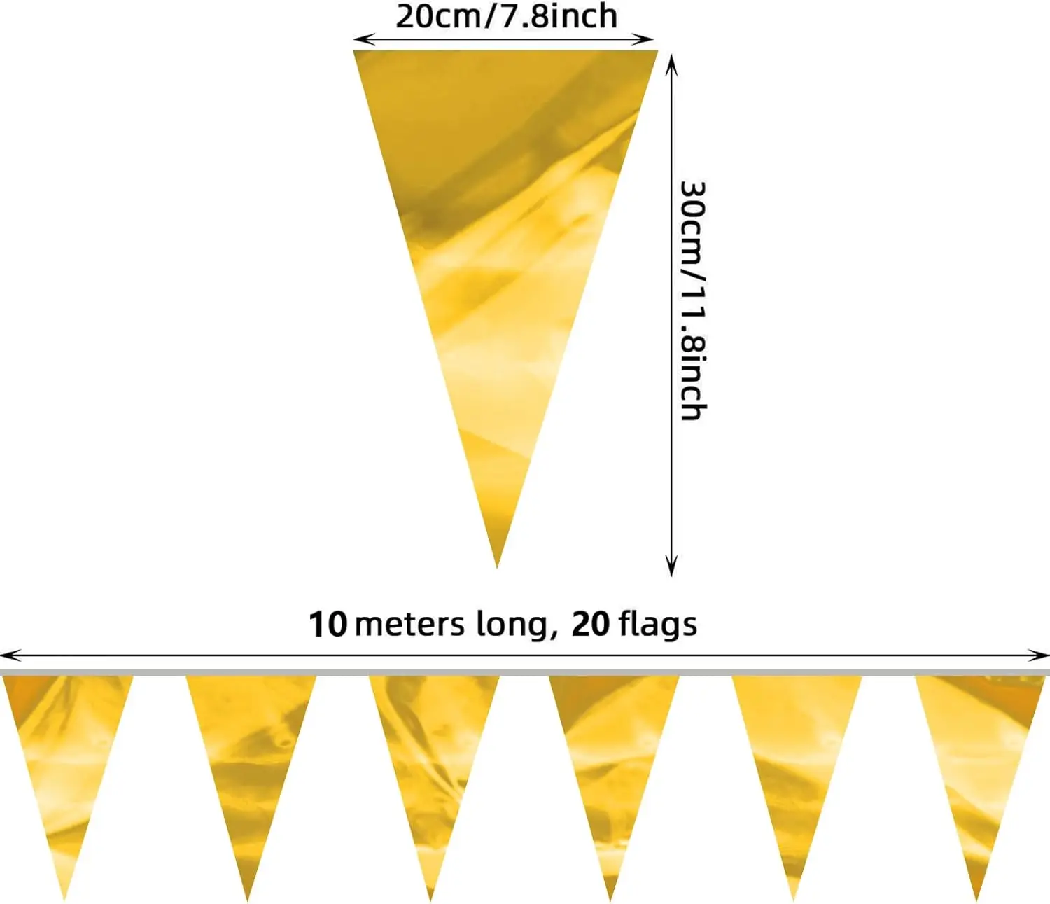 32,8 Fuß goldenes Glitzer-Wimpelbanner – metallische Dreiecks-Wimpelkette für Hochzeit, Geburtstag, Weihnachtsfeier-Dekoration, wiederverwendbare Girlande – Detail 2