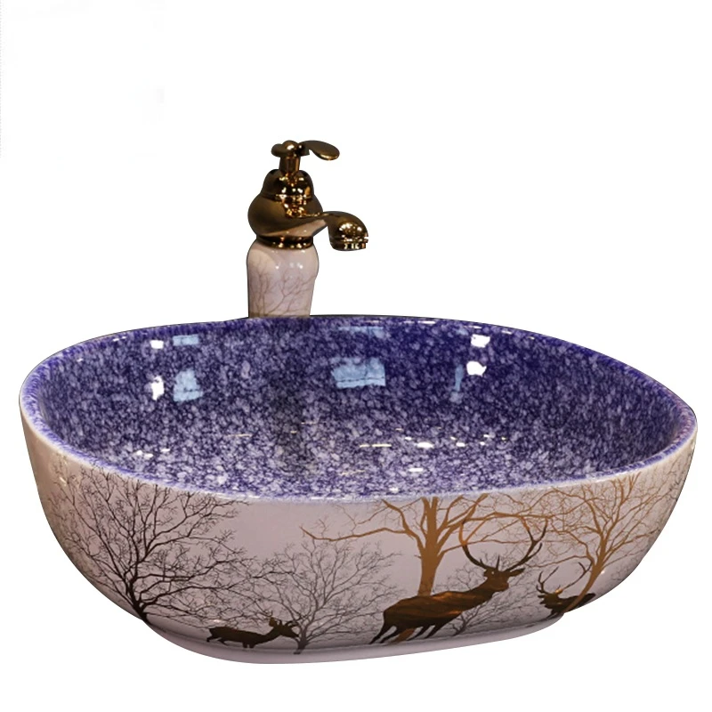 Modern Design Elk Pattern Sapphire blue Hand painted Ceramic Wash Basin Bathroom Sink