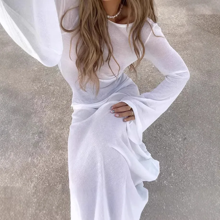 Neues Sommerliches Sexy Langes Kleid 2026 Rückenfreier Badeanzug-Überzug Bikini-Cover Durchsichtige Netz-Ärmel Bademode-Robe für den Strand