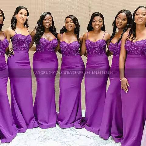 Customized Long Mermaid Purple Bridesmaid Dress with Straps Evening Prom Formal Wedding Party Dress vestidos de coquetel