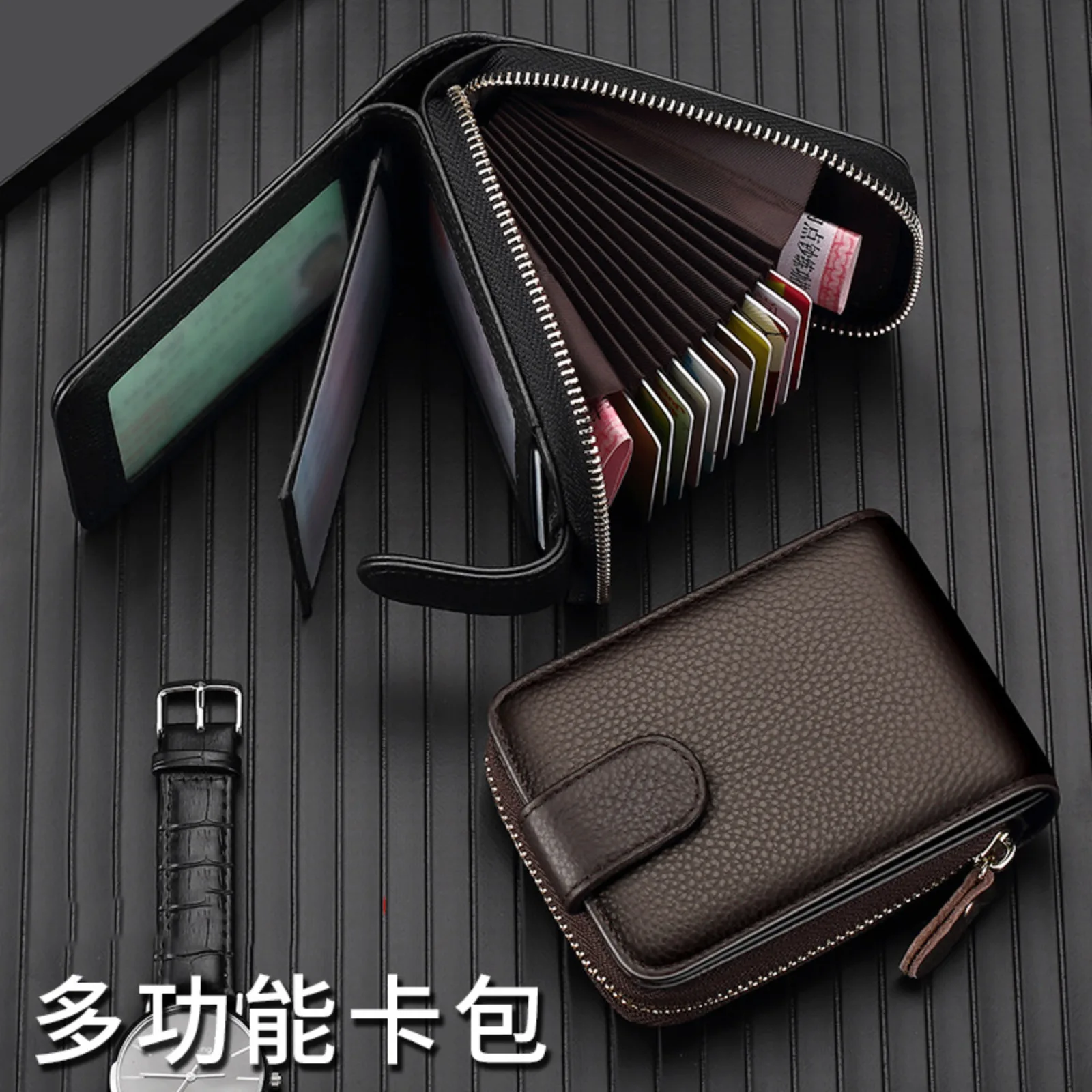 Large Capacity Zipper Style Leather ID Holder Driving License RF Multi-Function Top Layer Cowhide Accordion Card Holder