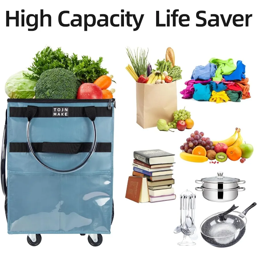 Grand sac d'épicerie réutilisable bleu sur roulettes avec 8 poches et housse à glissière pour un shopping efficace, fourre-tout pliable à roulettes avec Hea