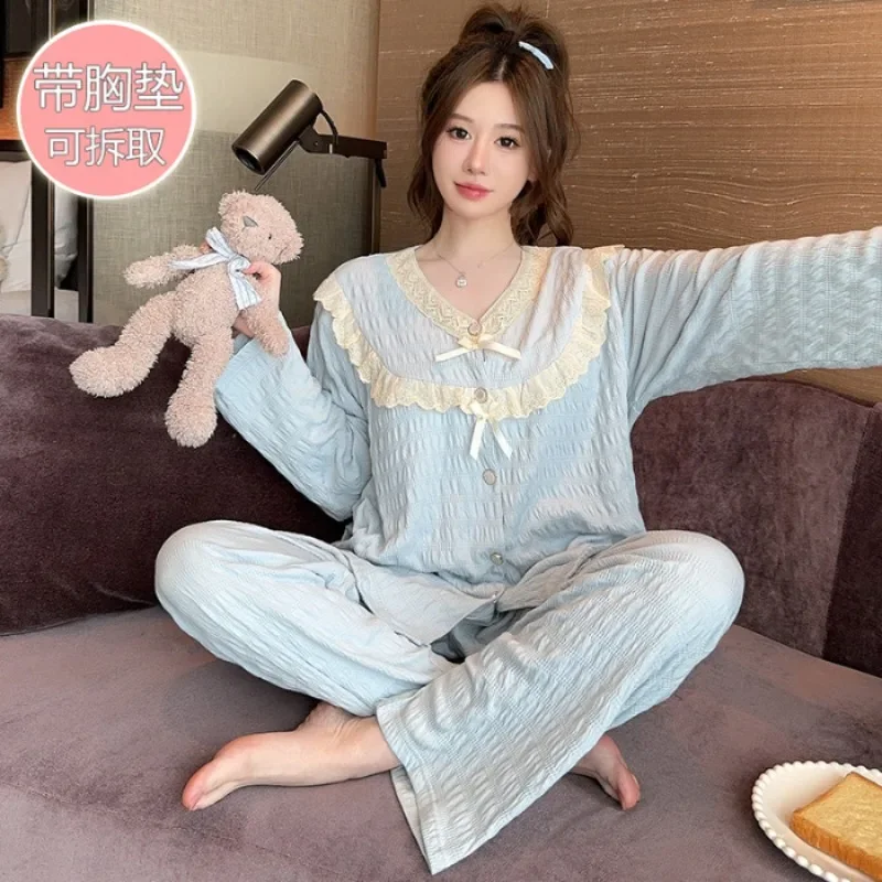 Очень большие хлопковые пижамы для женщин, 150 кг с нагрудными подушечками, корейская весенняя домашняя одежда, кружевные милые брюки с длинными рукавами, верхняя одежда
