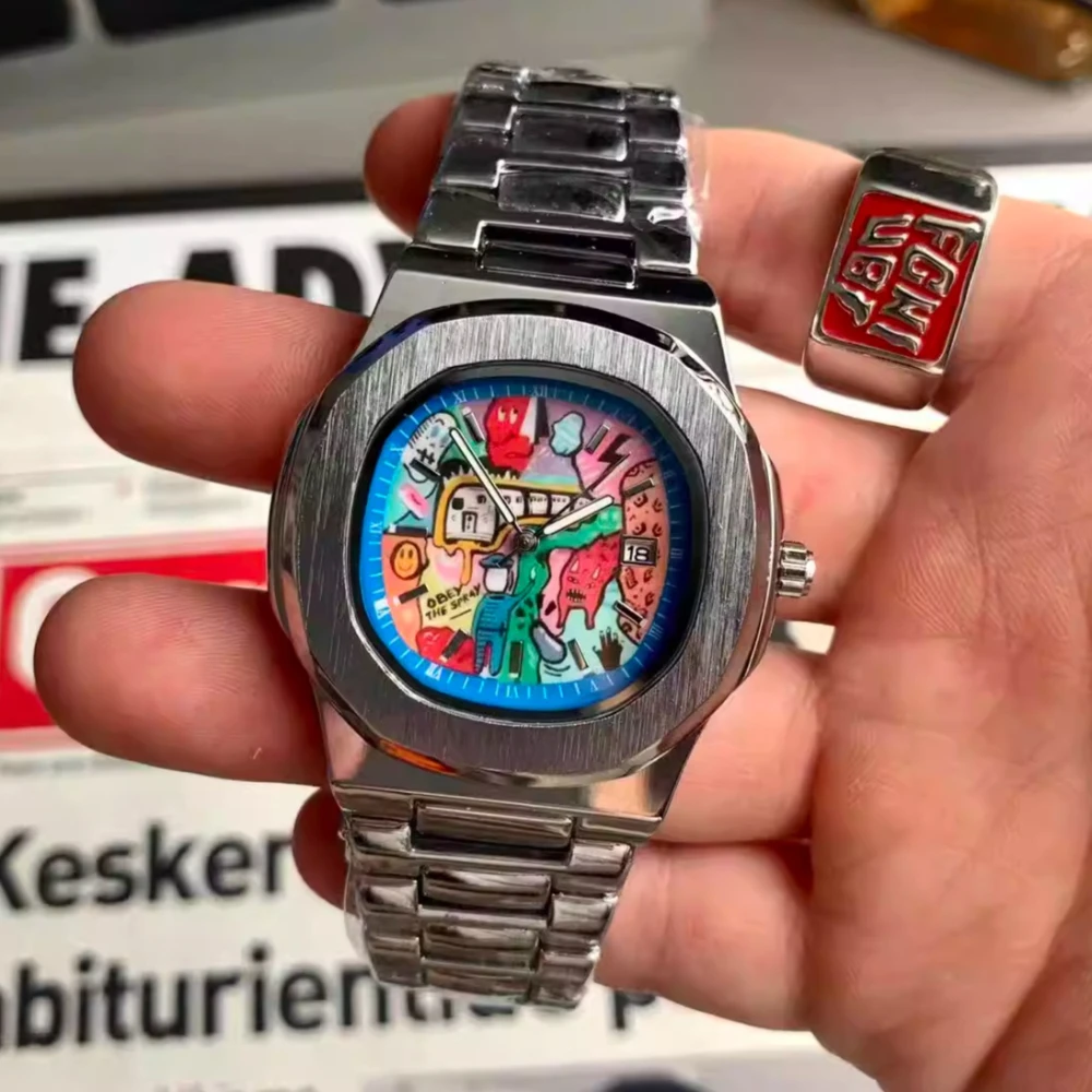 Business Hot Square Comic Cartoon Dial Quartz Men's Watch Casual Top High Quality Steel Top Waterproof Sport Men Watch AAA Clock