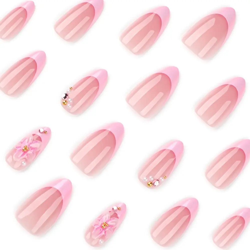 24 Uds manicura uñas postizas largas de almendra lazo metálico prensa francesa en uñas 3D flor brillo lentejuelas puntas de uñas DIY