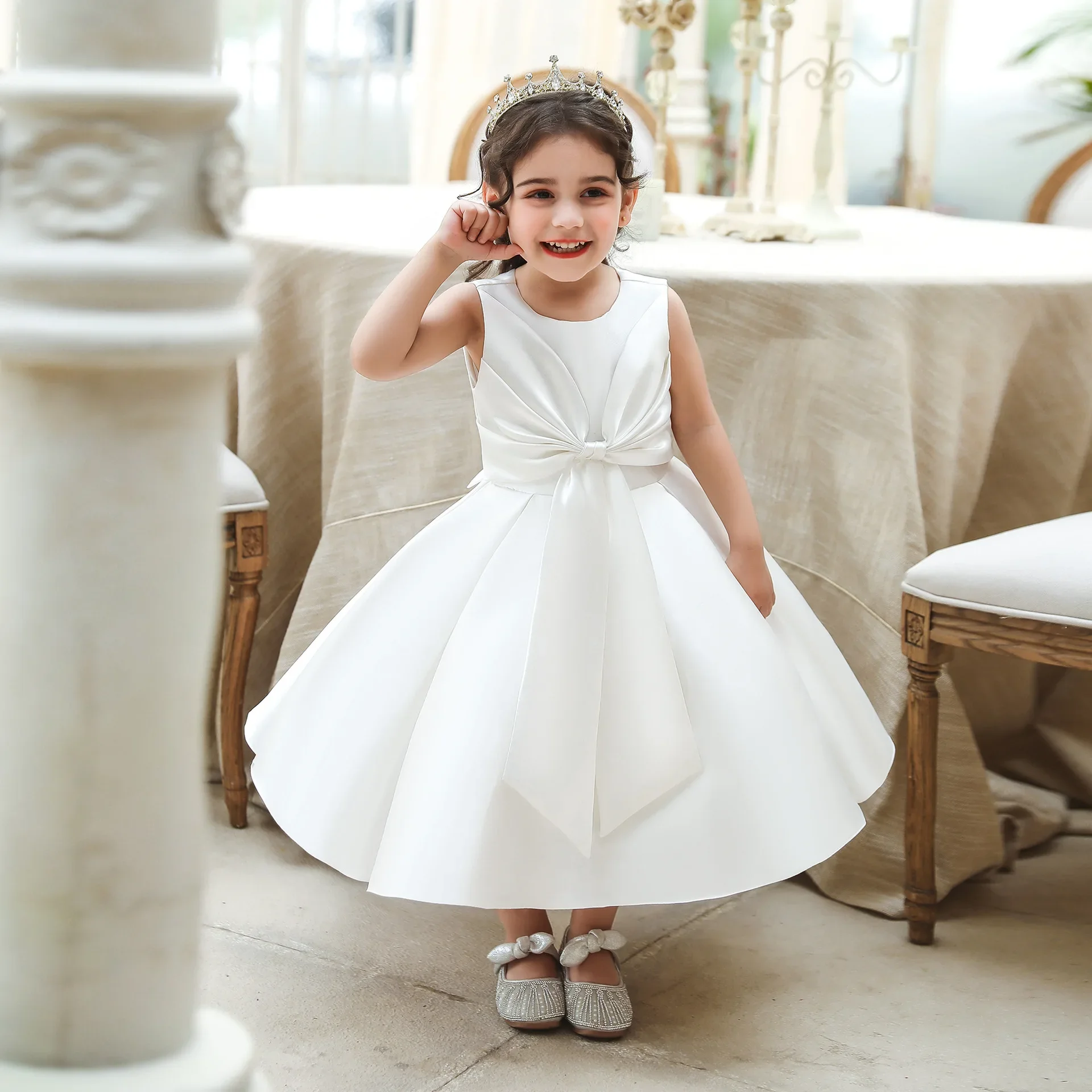 Baby Girl 1st Birthday Party Dress Sleeveless Toddler Girls Princess Dresses with Bow Kids Ball Growns Wedding Dress