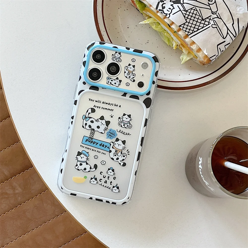 Korea Ins Cute Cow Print Black White Cat Phone Case For iPhone 18 17 16 15Pro Max Cartoon Kitten Pattern Shockproof Cover Fundas