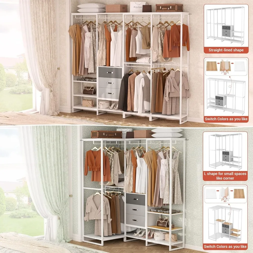 Aheaplus Wood Clothes Rack Wardrobe Closet for Hanging Clothes Heavy Duty Garment Rack, Large Corner L Shaped Closet System