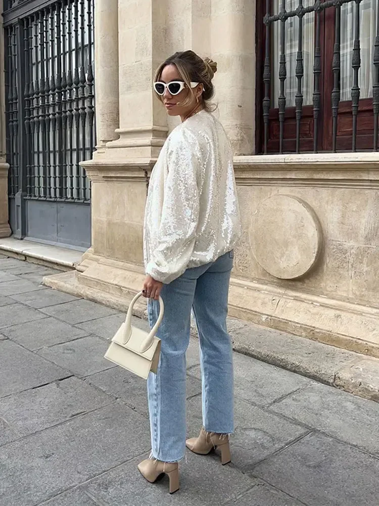 Chaqueta Bomber con lentejuelas para mujer, abrigo elegante de manga larga con cuello redondo y bolsillo con cremallera, ropa de calle de otoño