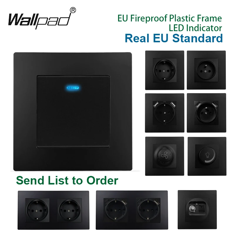 Matte Black EU Socket and Switch with LED Wallpad Plastic Light Curtain Fan Dimmer Cat6 Data French Tel USB TV Outlet Round Back