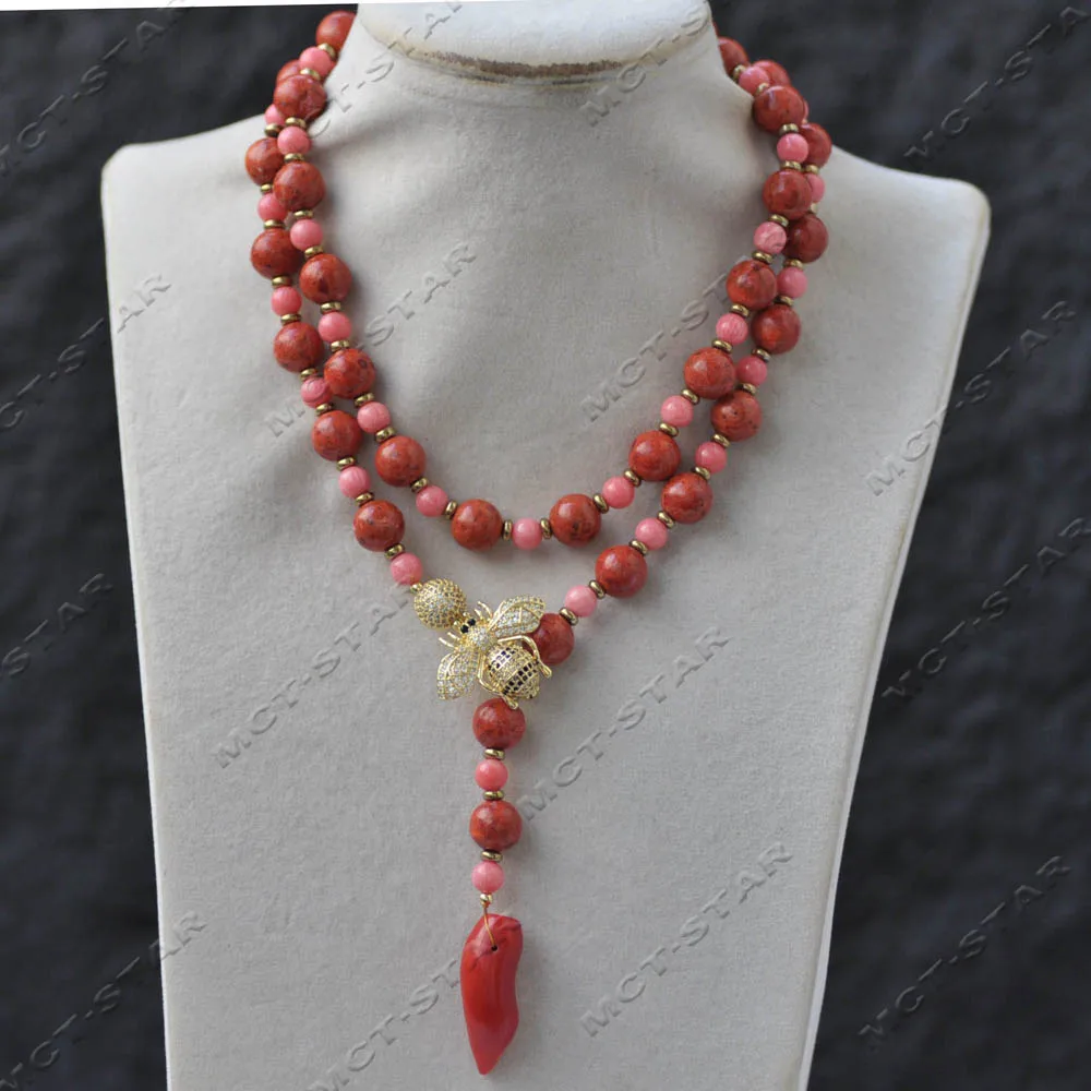 Z14025 31'' 10mm Red Pink Round Coral Necklace Pendant CZ Bee Custom Jewelry