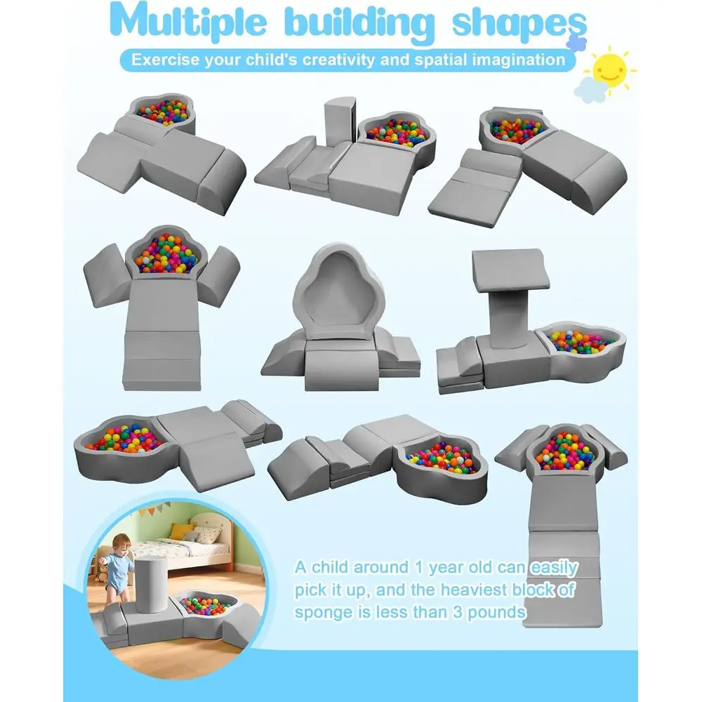 Blocchi da gioco in schiuma per neonati con base antiscivolo e velcro, per bambini di 6-12 mesi, alta densità e lavabile, grigio