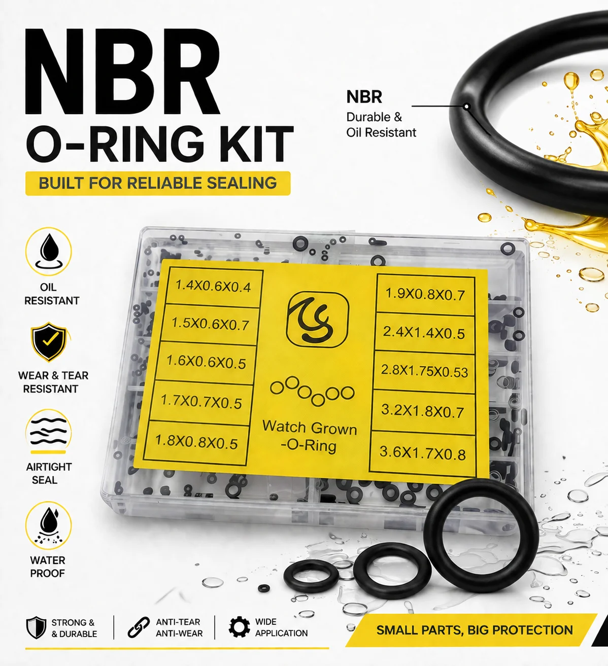 Universal Back Cover Sealed Watch O-ring Nitrile OD 1.4-3.6mm ID 0.6-1.7mm CS 0.4-0.8mm Watch Accessories for All Watches
