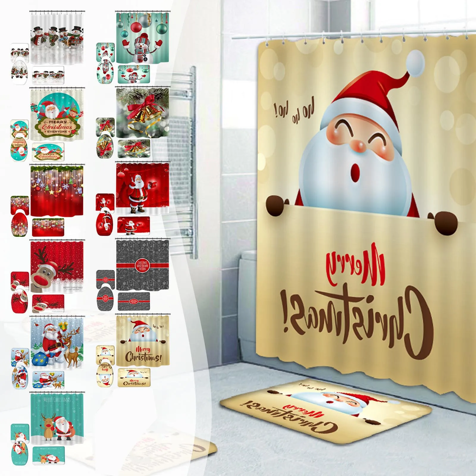 

Christmas Shower Curtain Sets For Bathroom,4PCS Xmas Waterproof Shower Curtain With Non-Slip Rugs, Toilet Lid Cover And Bath Mat