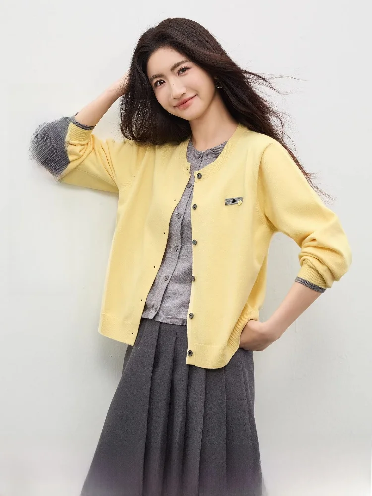 

Женский кардиган-свитер с эффектом двухслойности, круглым вырезом, цветными блоками, суперэластичный, имитация двух частей, весна 2026, новинка