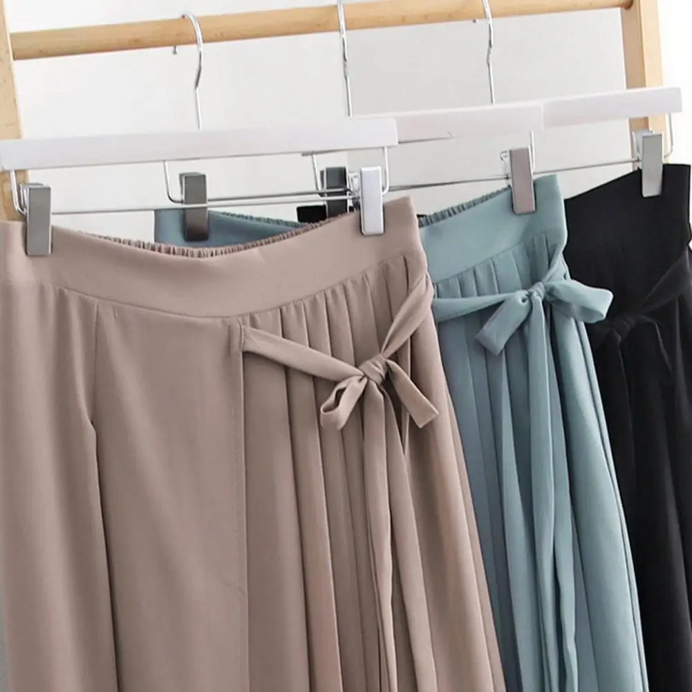 

Bow Waist Culottes Elegant Women's Pleated Chiffon Culottes with Lace-up Bowknot Detail Wide Leg Solid Color Trousers for Casual