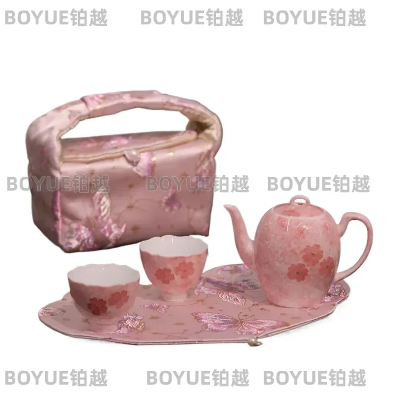 for Yuerui Hand Painted Cherry Blossom Tea Set One Pot Two Cups with Portable Storage Bag Exquisite Gift for Girls