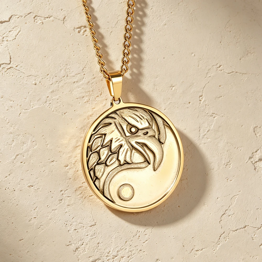 Vintage Animal Relief Coin Necklace for Men Women Phoenix Hummingbird Eagle Owl Raven Dolphin Mermaid Pendant Retro Jewelry
