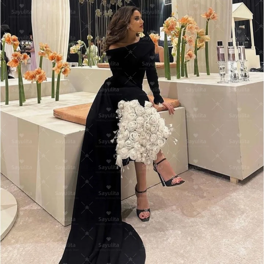 Sayulita ブラック プロムドレス 長袖 エレガント イブニング パーティー ドレス 花付き فستان سهرة نسائي カスタマイズ