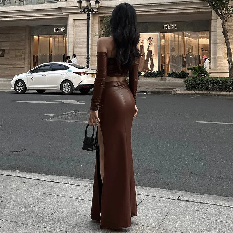 Leather Brown Prom Dress Sexy One Shoulder Top Detachable Full Sleeves Side Split Party Gown Hot Girl Streetwear Skirt Robes