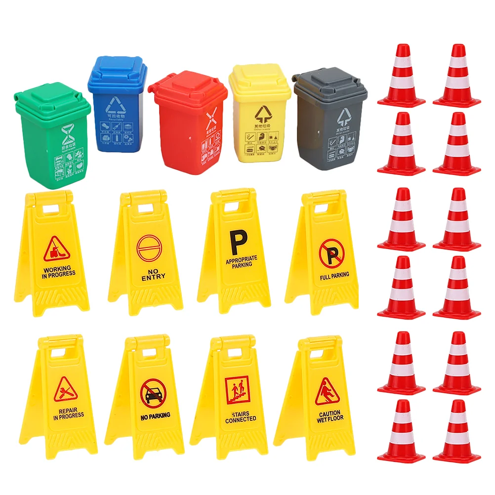 25 Pcs Teaching Cognitive Toys Trashcans Street Signs Playset Mini Traffic Boy Cones Kids Signal Road Plastic Child