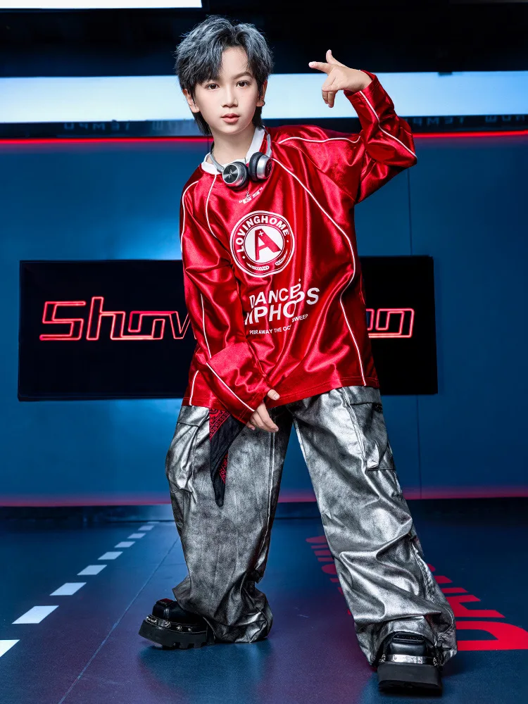 الفتيات ملابس رقص الجاز الفتيان الهيب هوب زي كبير الحجم السراويل الفضفاضة الحمراء الفضة في سن المراهقة شارع الرقص أداء المرحلة ارتداء 4652 #5