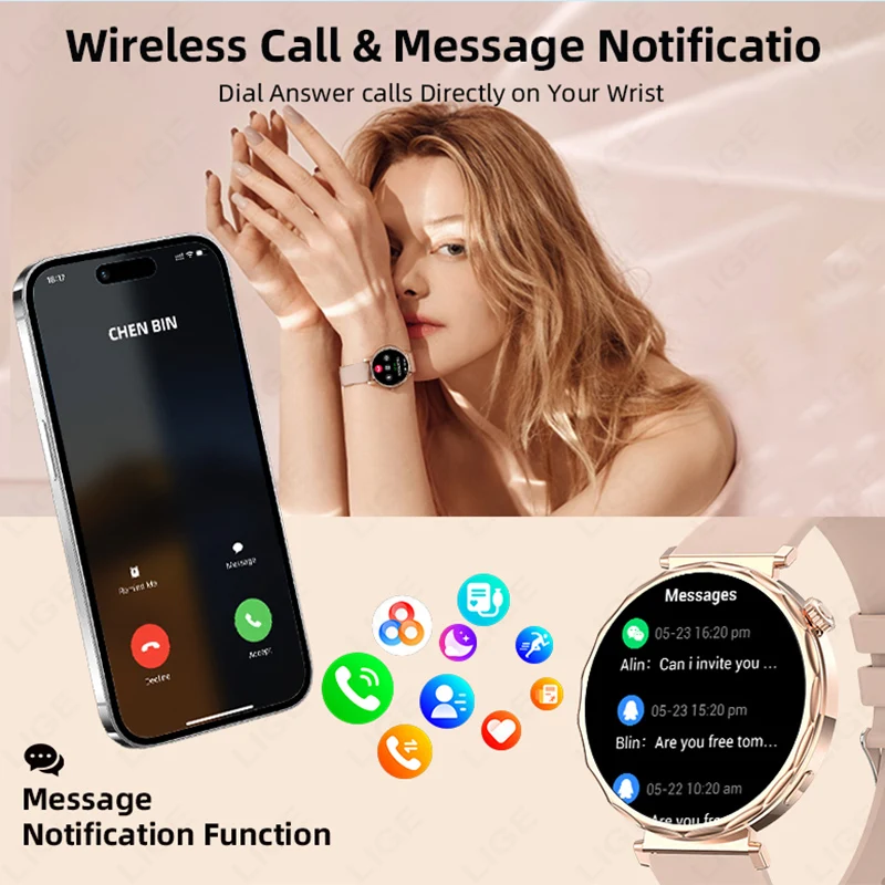 LIGE جديد ساعة ذكية للنساء 1.6 بوصة 360*360 AMOLED HD شاشة GPS IP68 الرياضة مقاوم للماء مراقب معدل ضربات القلب Smartwatch الرجال هدية