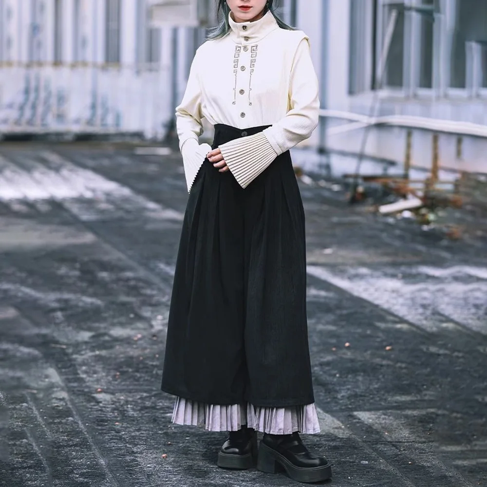 Y2k Dark Gothic Pleated Skirt Pants Spring Genderless Fashion Japanese Campus All-Match Casual Samurai Pants Hakama Unisex 2025