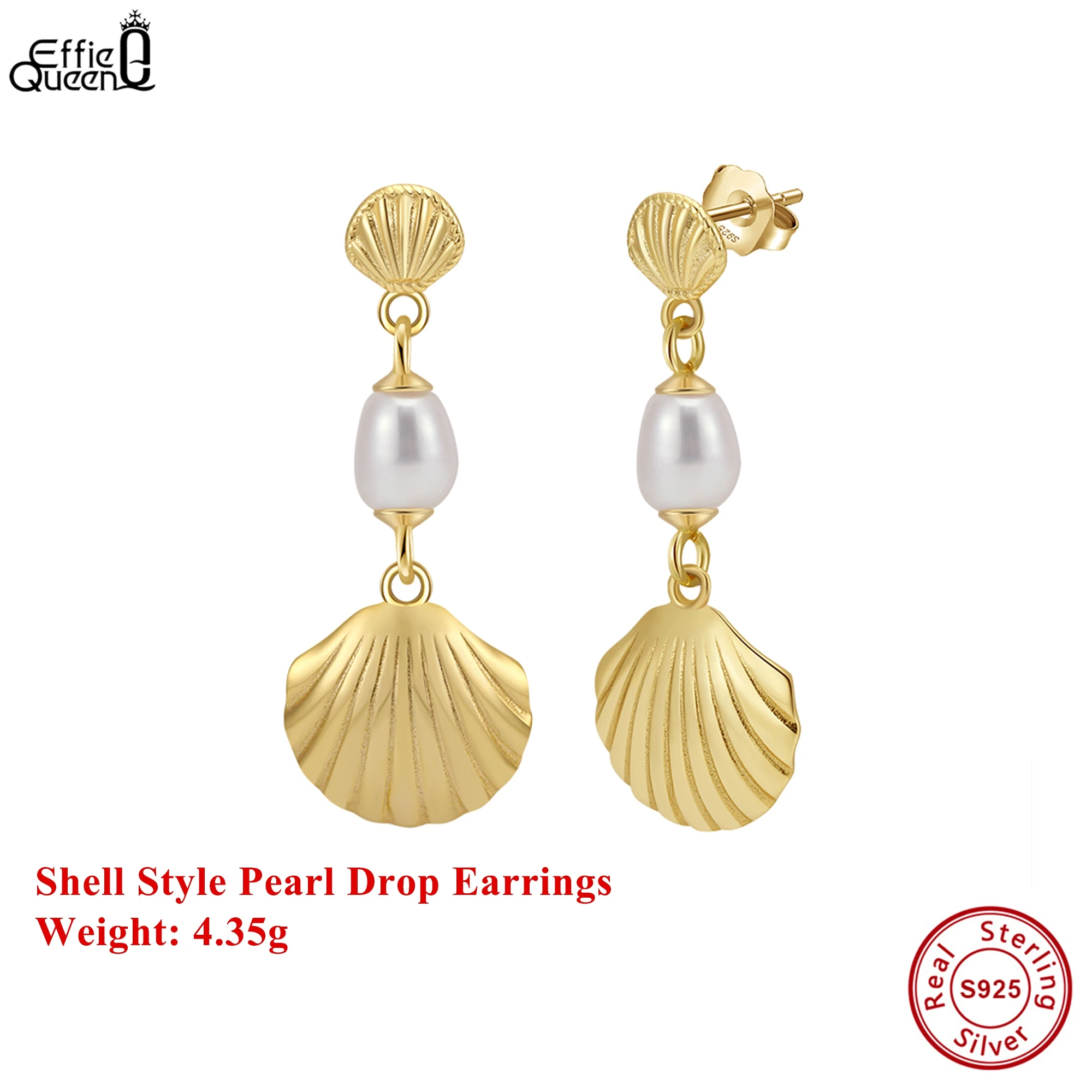 

Effie Queen 100% 925 Sterling Silver 14k Gold Shell Style Oval Pearl Dangle Earrings Natural Jewelry for Wedding Party GPE114