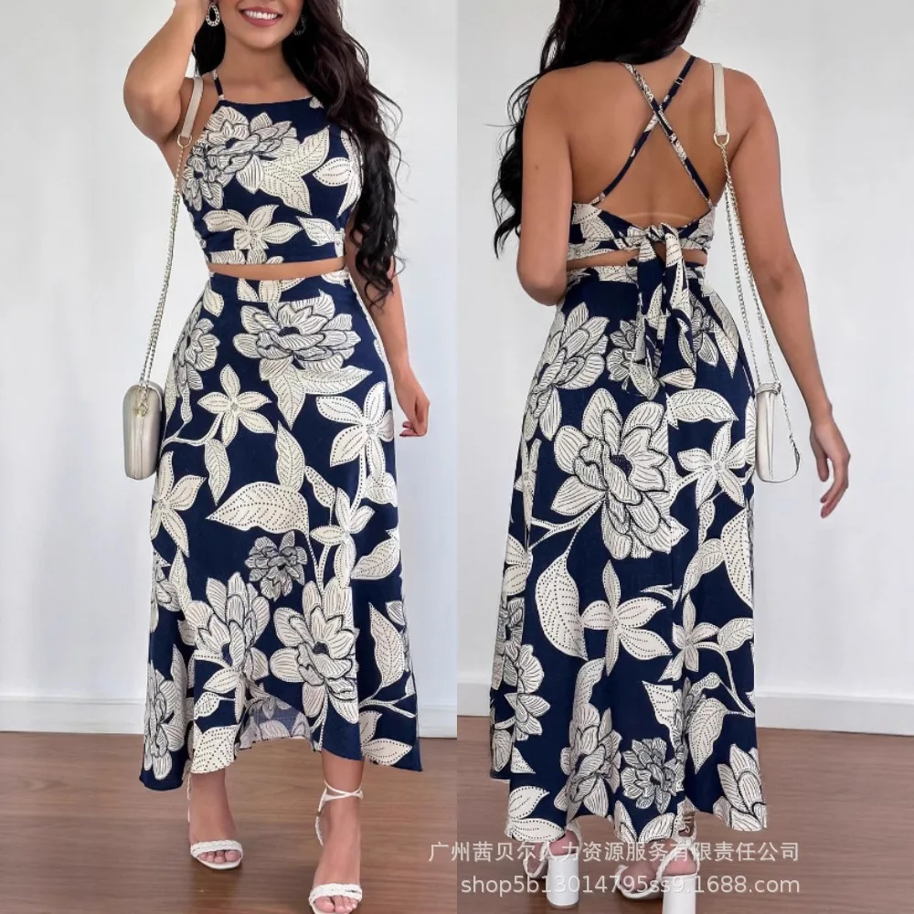 

Женский комплект из двух предметов с цветочным принтом, топ на бретельках с цветочным принтом, платье с открытой спиной на шнуровке и цветочным принтом