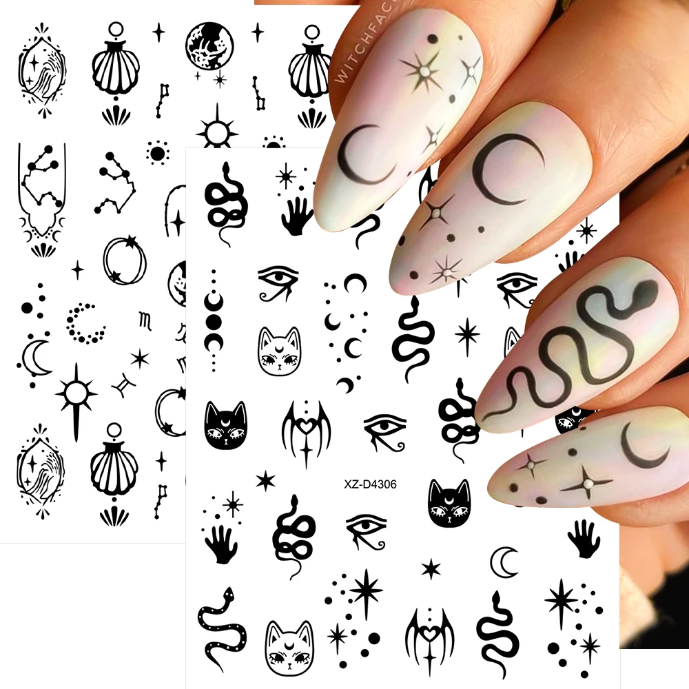 ﻿12pcs Y2k Black Sun/Moon Nail Art Sticker 3D Metal Star,Snake,Geometric lines Zodiac Signs Nail Decals DIY Nail Tips Decoration