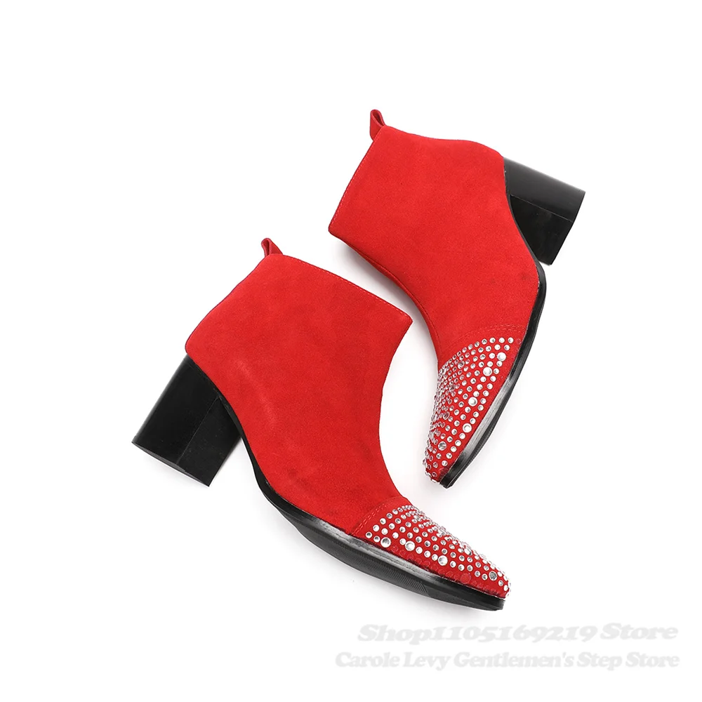 Red Suede Rhinestone Chunky Heel Ankle Boot Men Round Toe Thick Heel Side Zipper Luxury Banquet Wedding Party Short Boot