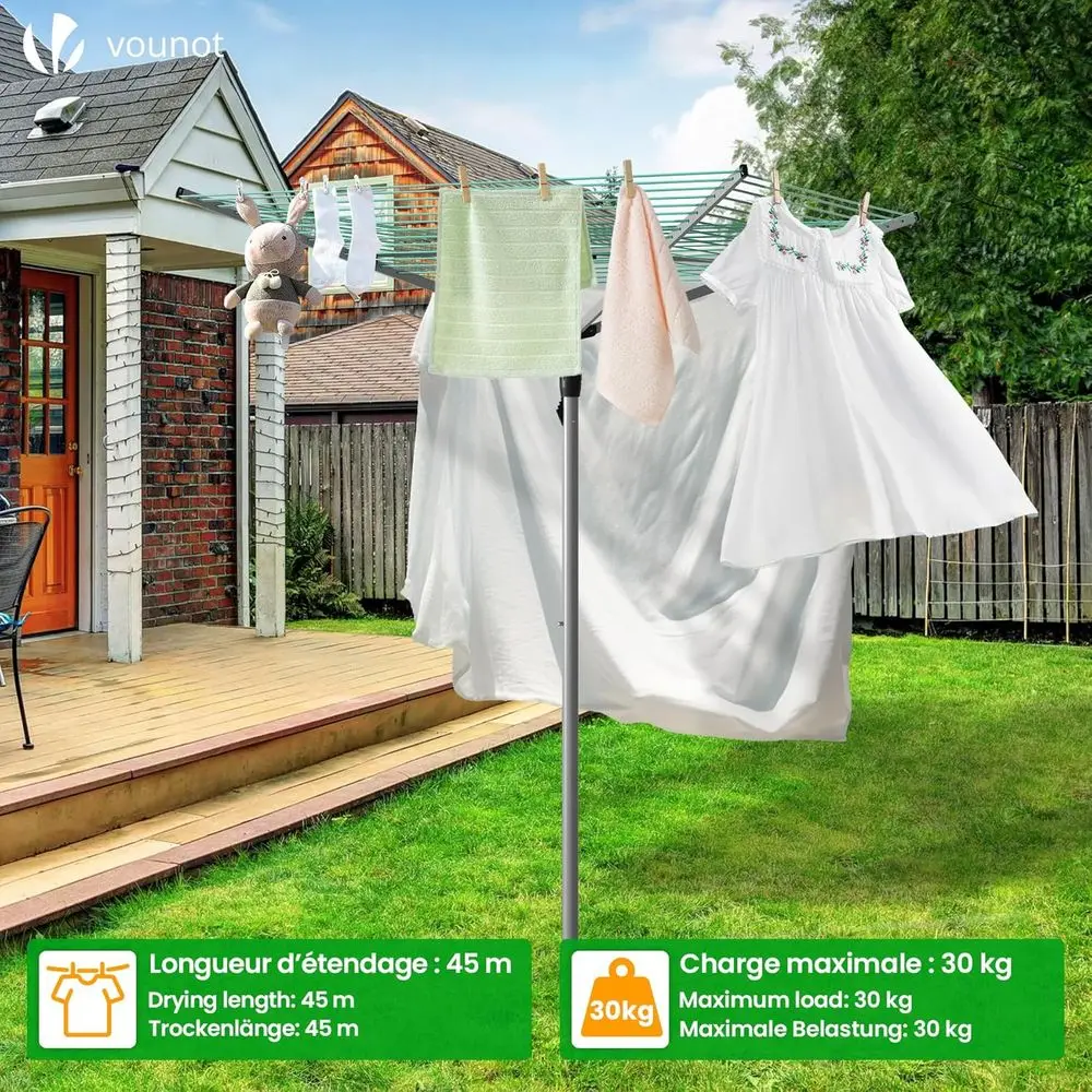 Adjustable 4-Level Outdoor Clothes Drying Rack with 45m Line, Ground Sleeve & Cover, Silver-Green